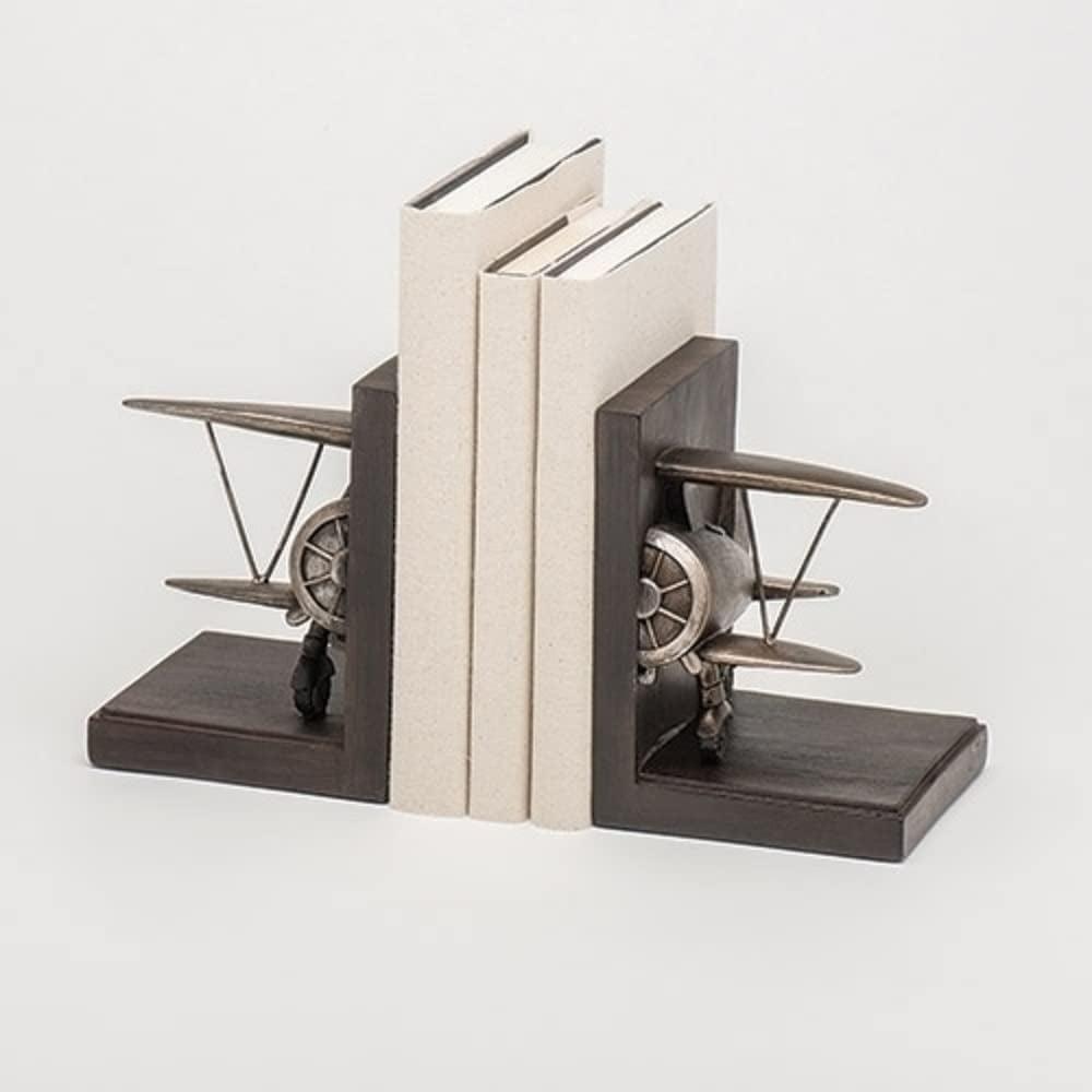 Aviator's Dream Biplane Bookends Set in Bronze and Wood Finish