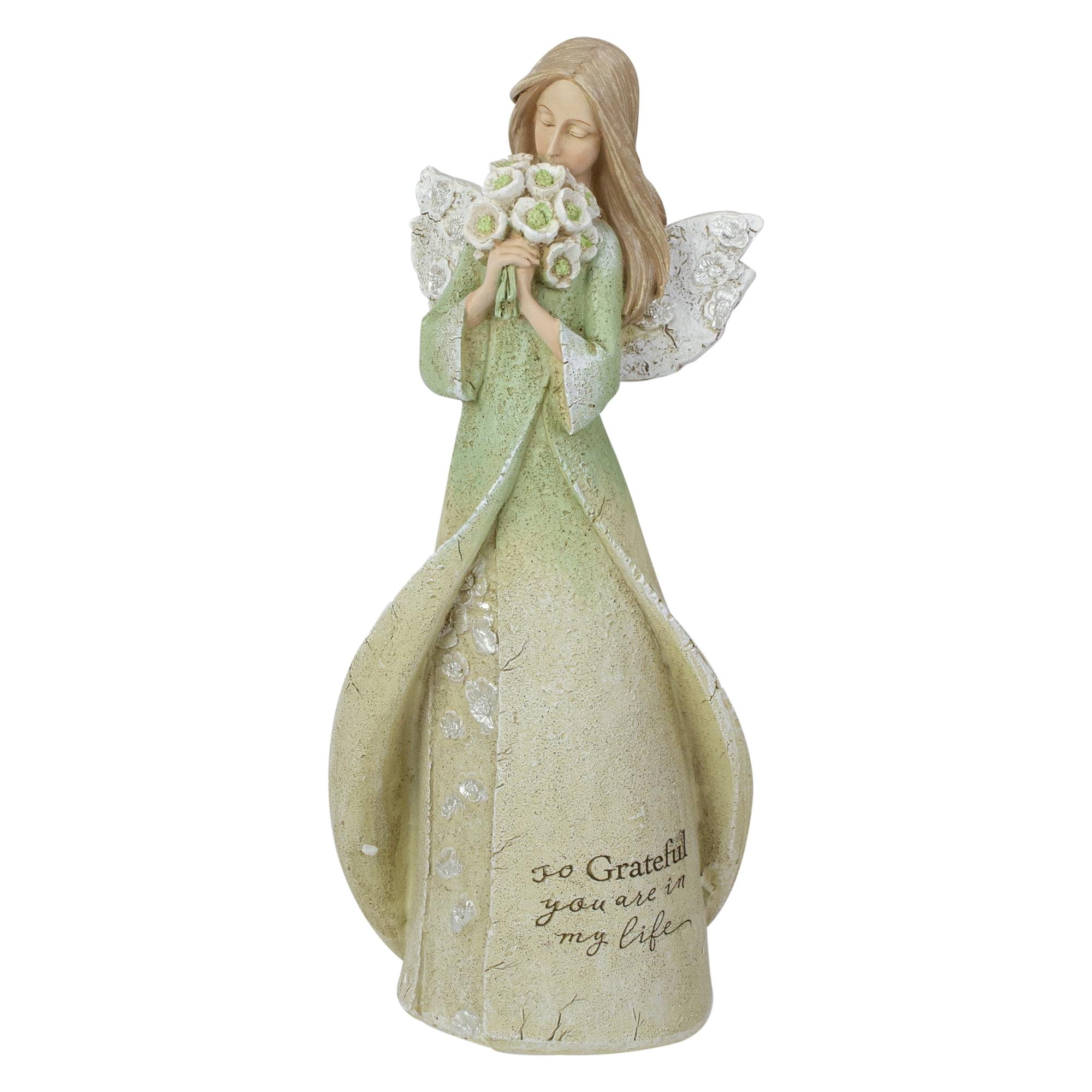 8.5" Green Resin Angel Figurine with Flowers