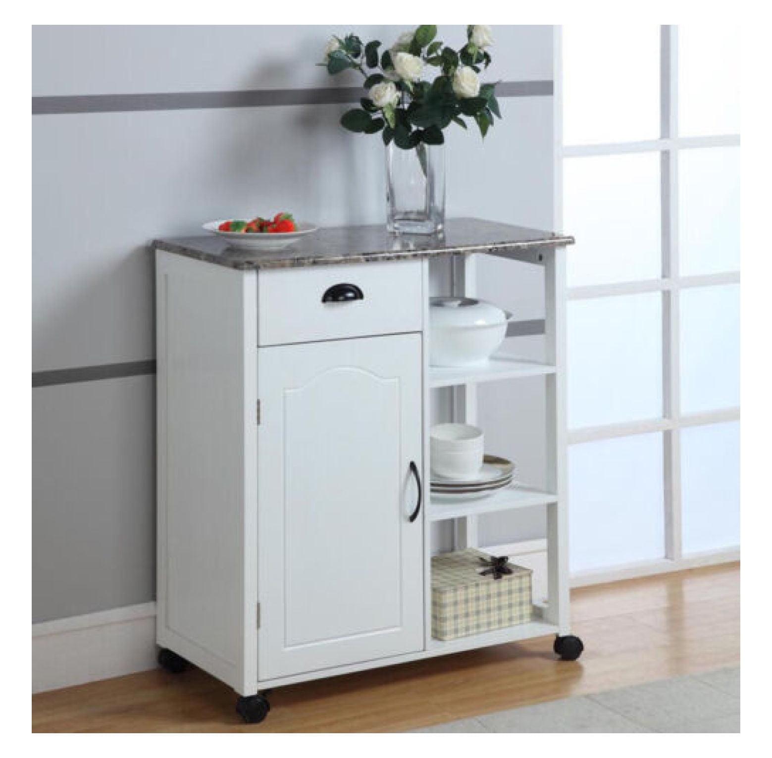 Kings Brand Furniture - White Finish Wood & Marble Vinyl Top Kitchen Storage Cabinet Cart