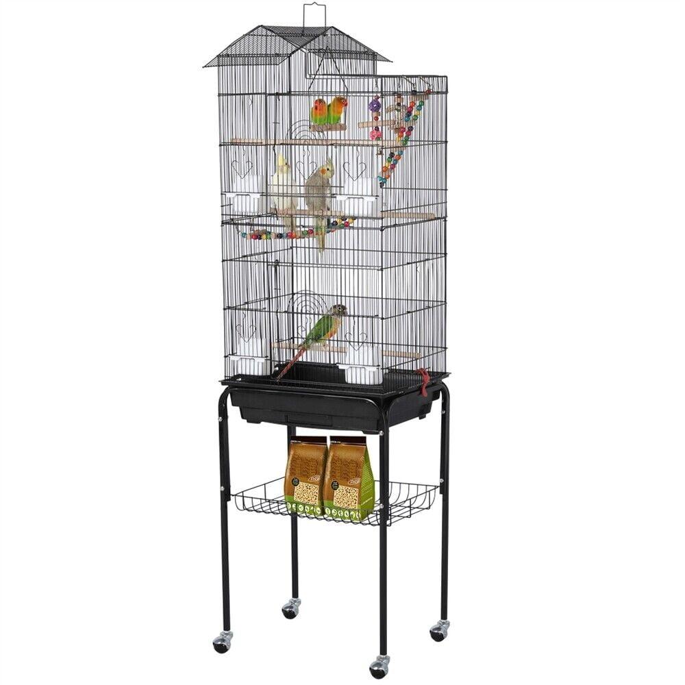 Black Wrought Iron Roof Top Birdcage with Rolling Stand