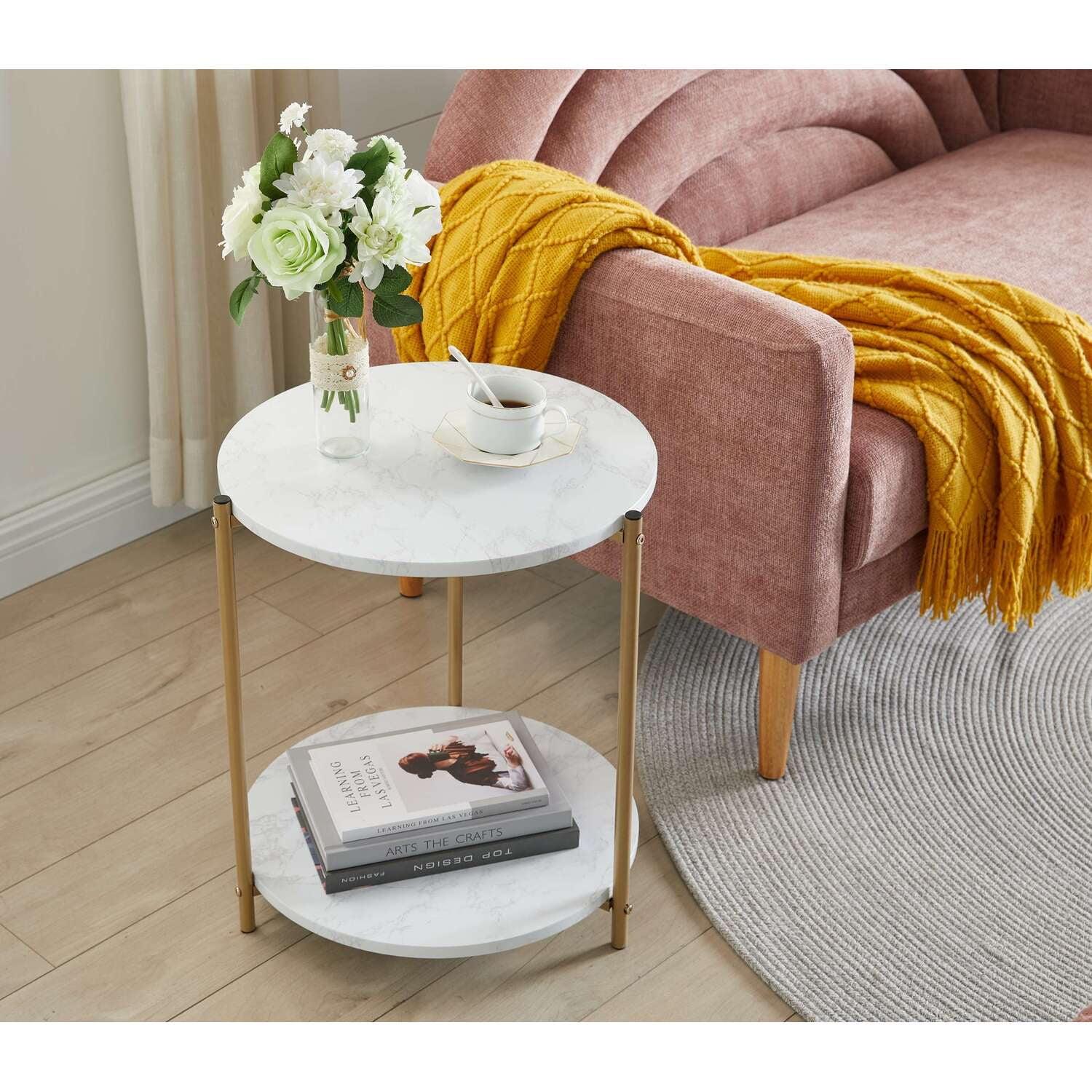 Kings Brand Furniture - Side End Table with White Faux Marble Storage Shelves & Gold Metal Frame