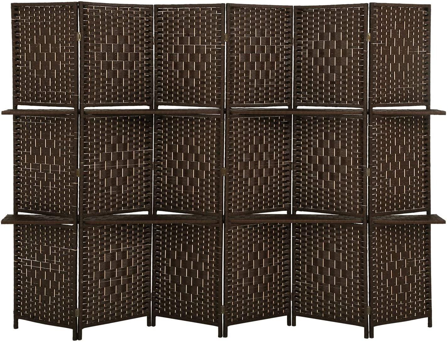 Brown 6-Panel Wooden Folding Room Divider with Shelves