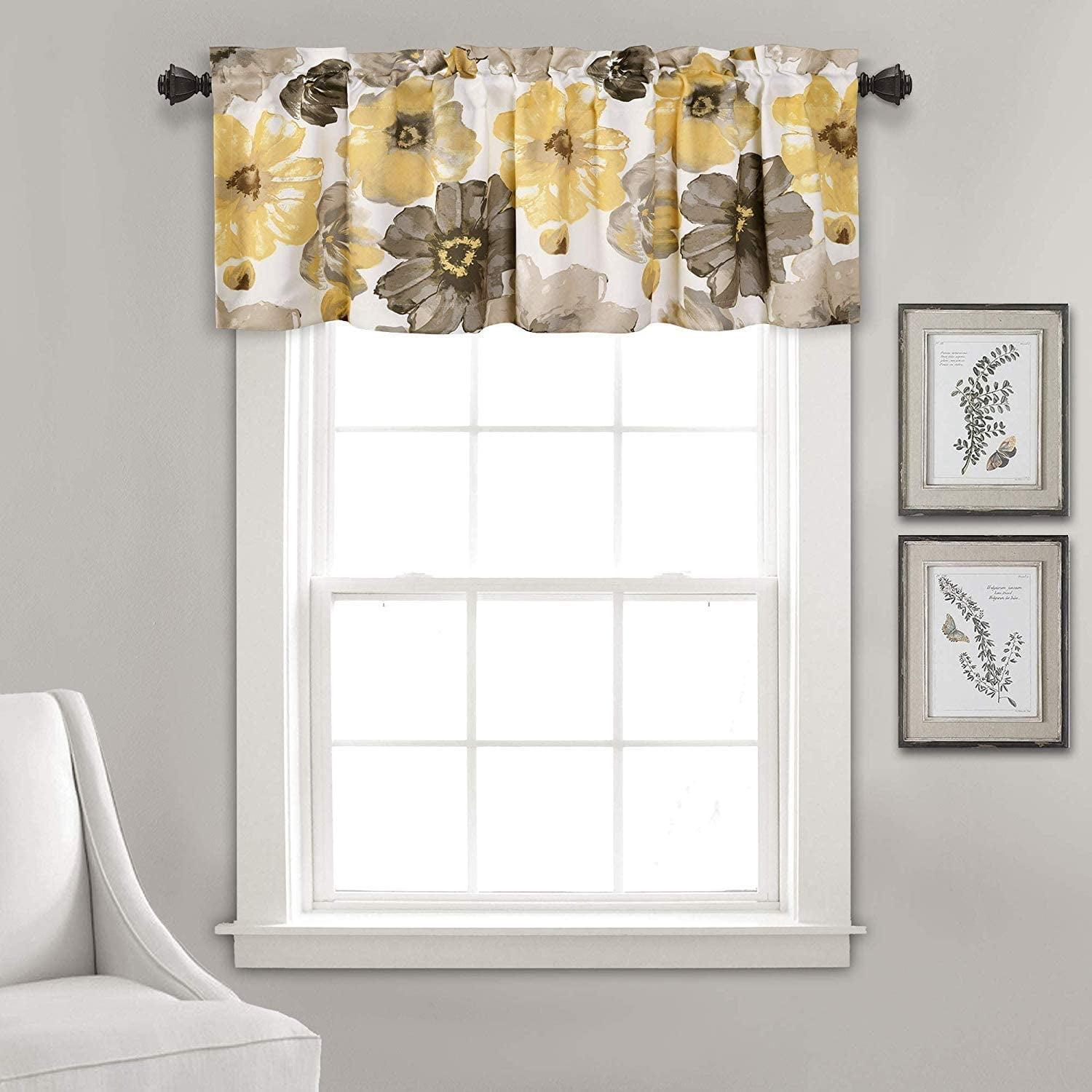 Leah Yellow and Gray Floral Room Darkening Rod Pocket Valance 52" x 18"