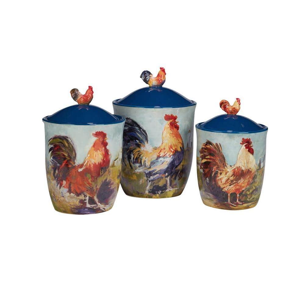 Blue Ceramic Rooster Meadow 3-Piece Canister Set