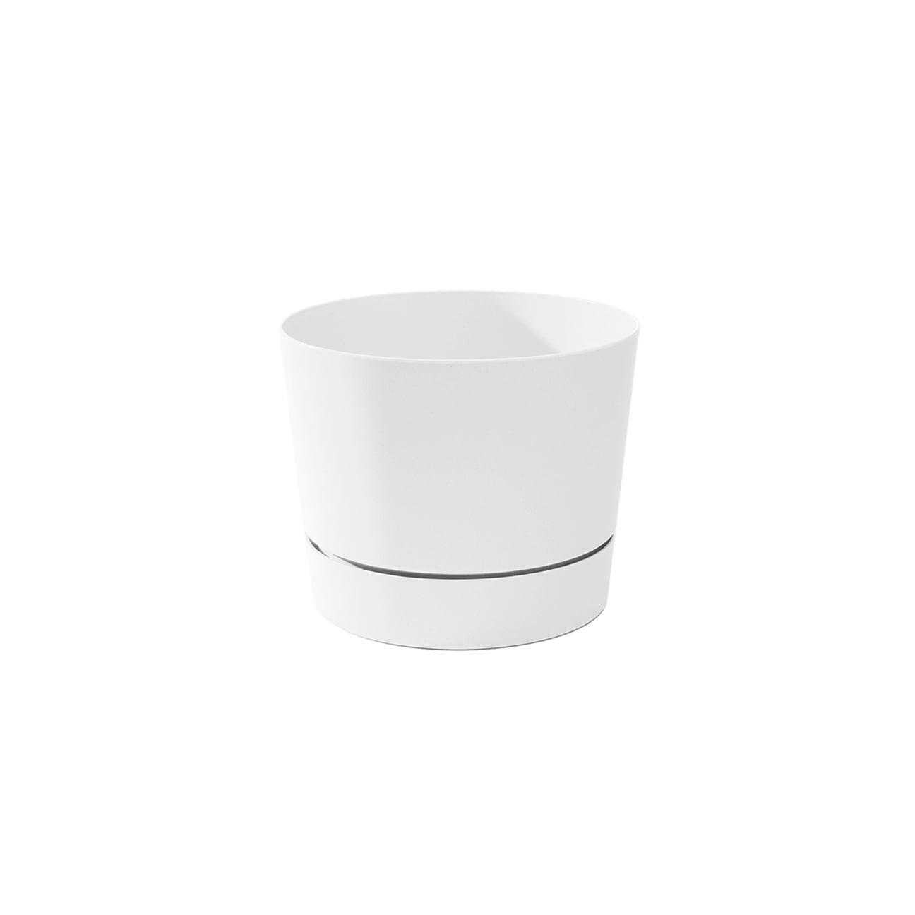 White Matte Mid-Century Modern Round Plant Pot with Drainage Tray