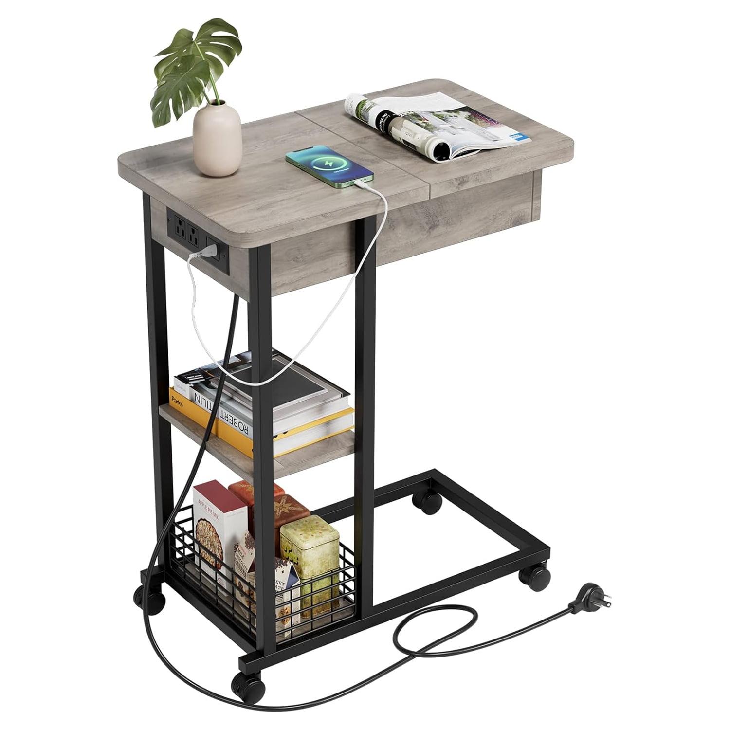 C-Shaped Side Table with Charging Station, Flip Top End Table with USB Ports and Outlets