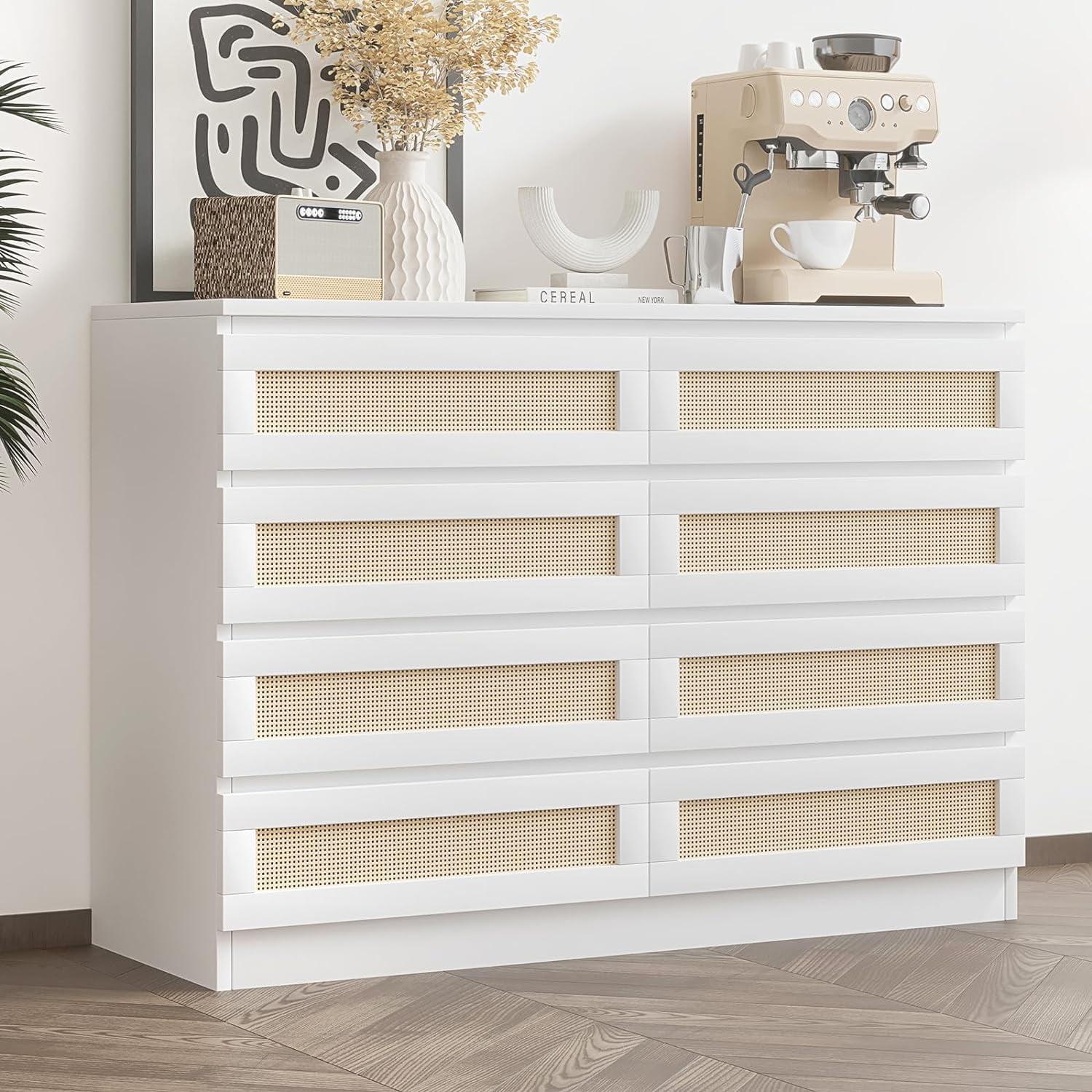 White and Natural Rattan 8-Drawer Double Dresser