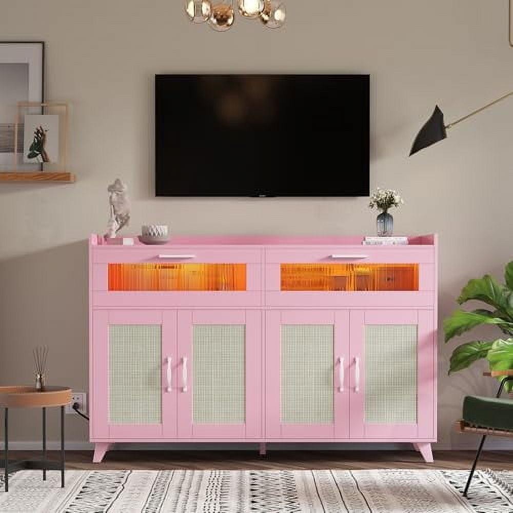 Garvee Sideboard Buffet Cabinet with Power Outlet & LED Light - Kitchen Storage Cabinet with 2 Fluted Acrylic Drawers & 4 Rattan Doors, Pink