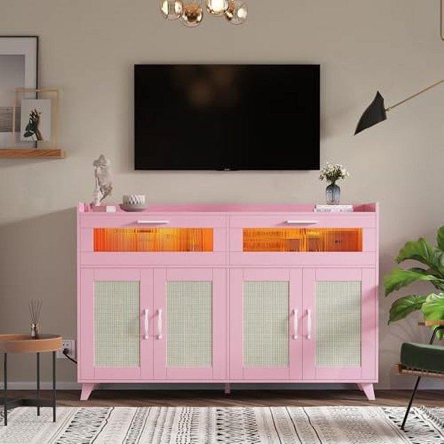 Garvee Sideboard Buffet Cabinet with Power Outlet & LED Light - Kitchen Storage Cabinet with 2 Fluted Acrylic Drawers & 4 Rattan Doors, Pink