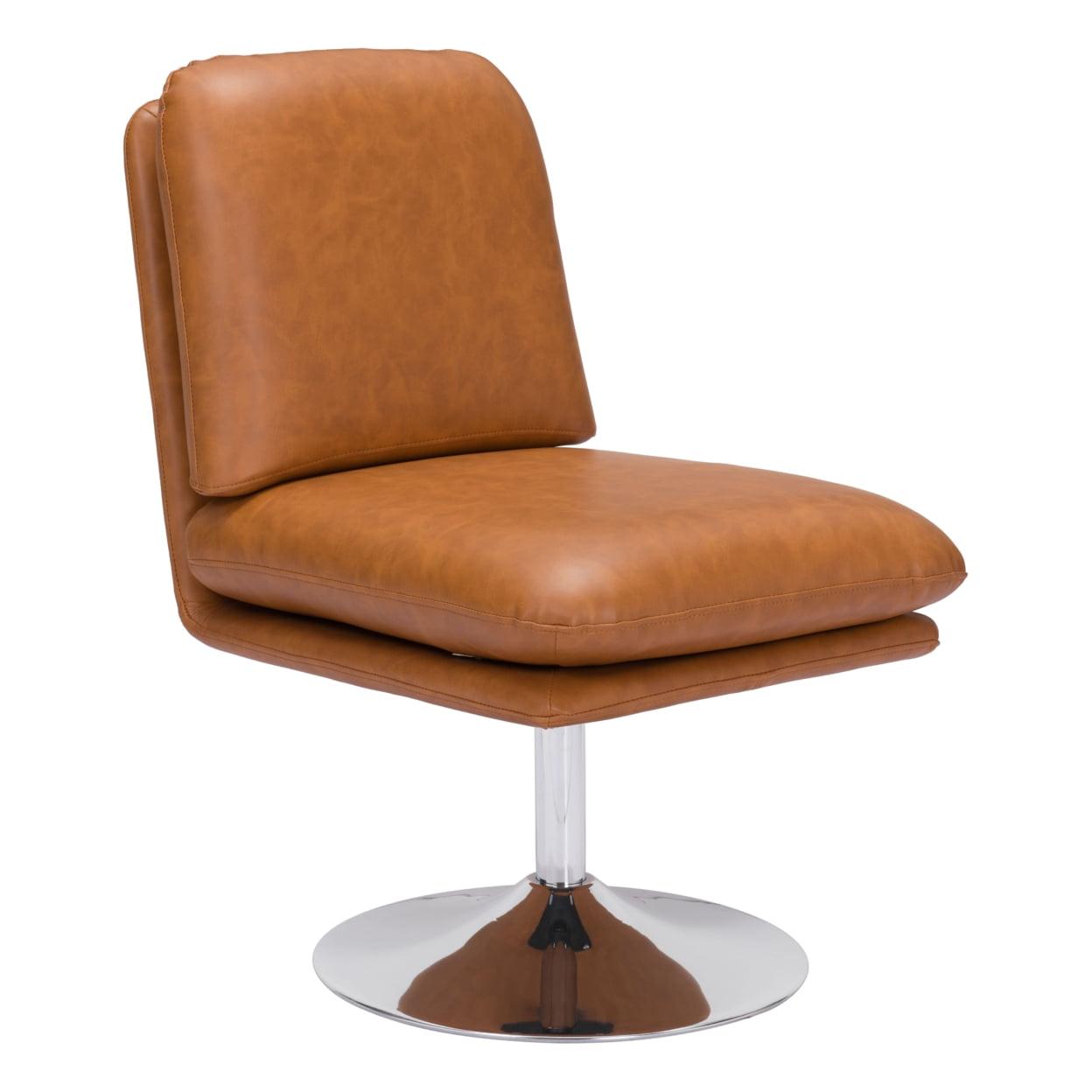 Contemporary Rory Swivel Slipper Chair in Warm Brown Faux Leather