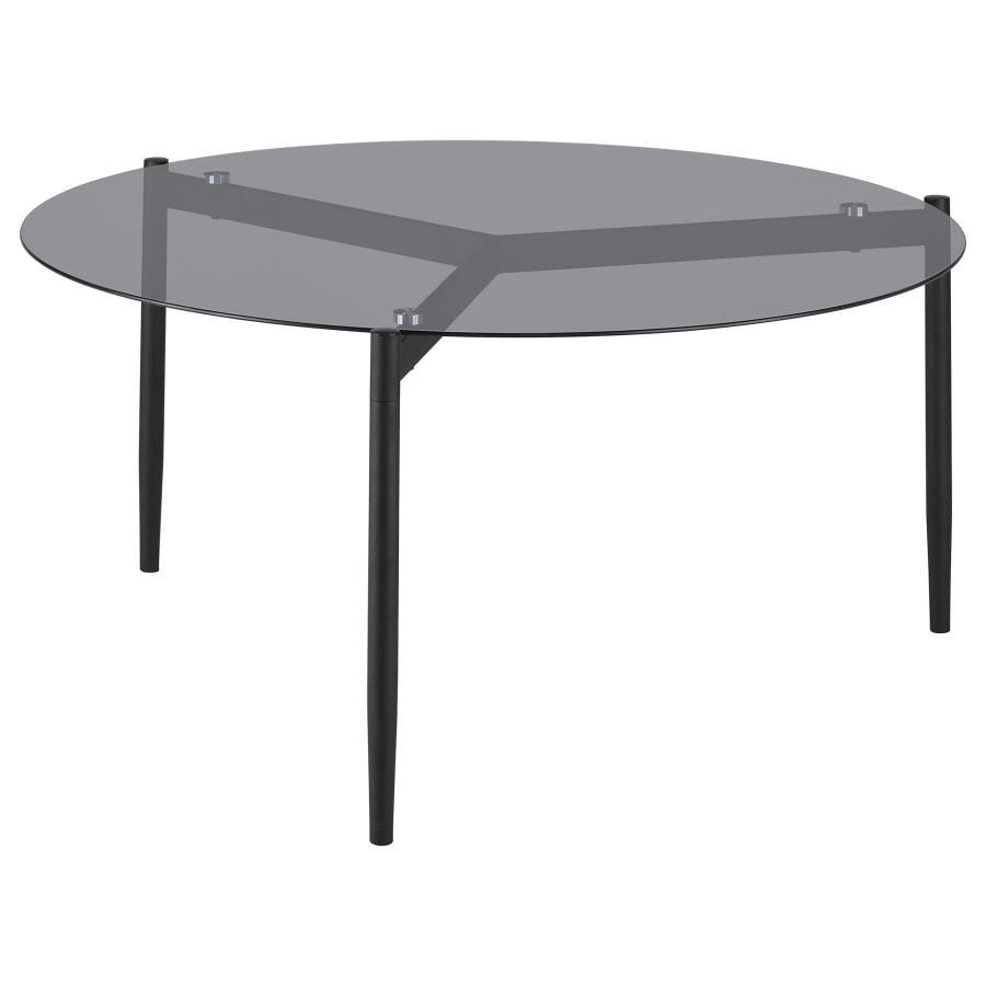 Rosalie Round Smoked Glass Top Coffee Table with Black Metal Legs