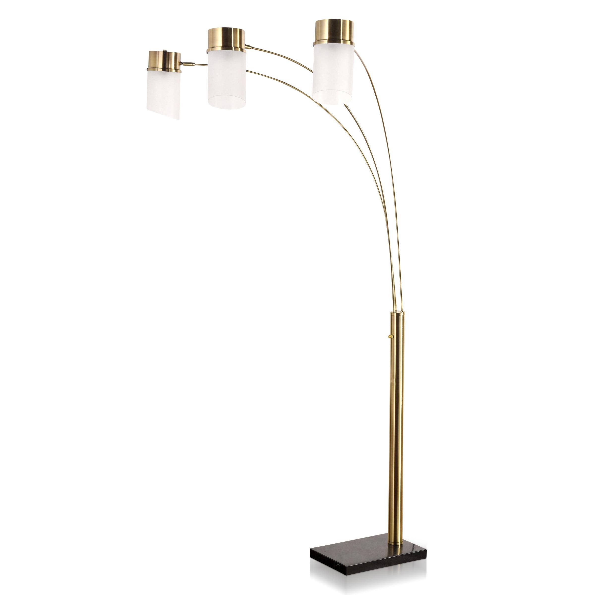 Rosalind Antique Brass & Frosted Glass Arc Floor Lamp with Black Marble Base