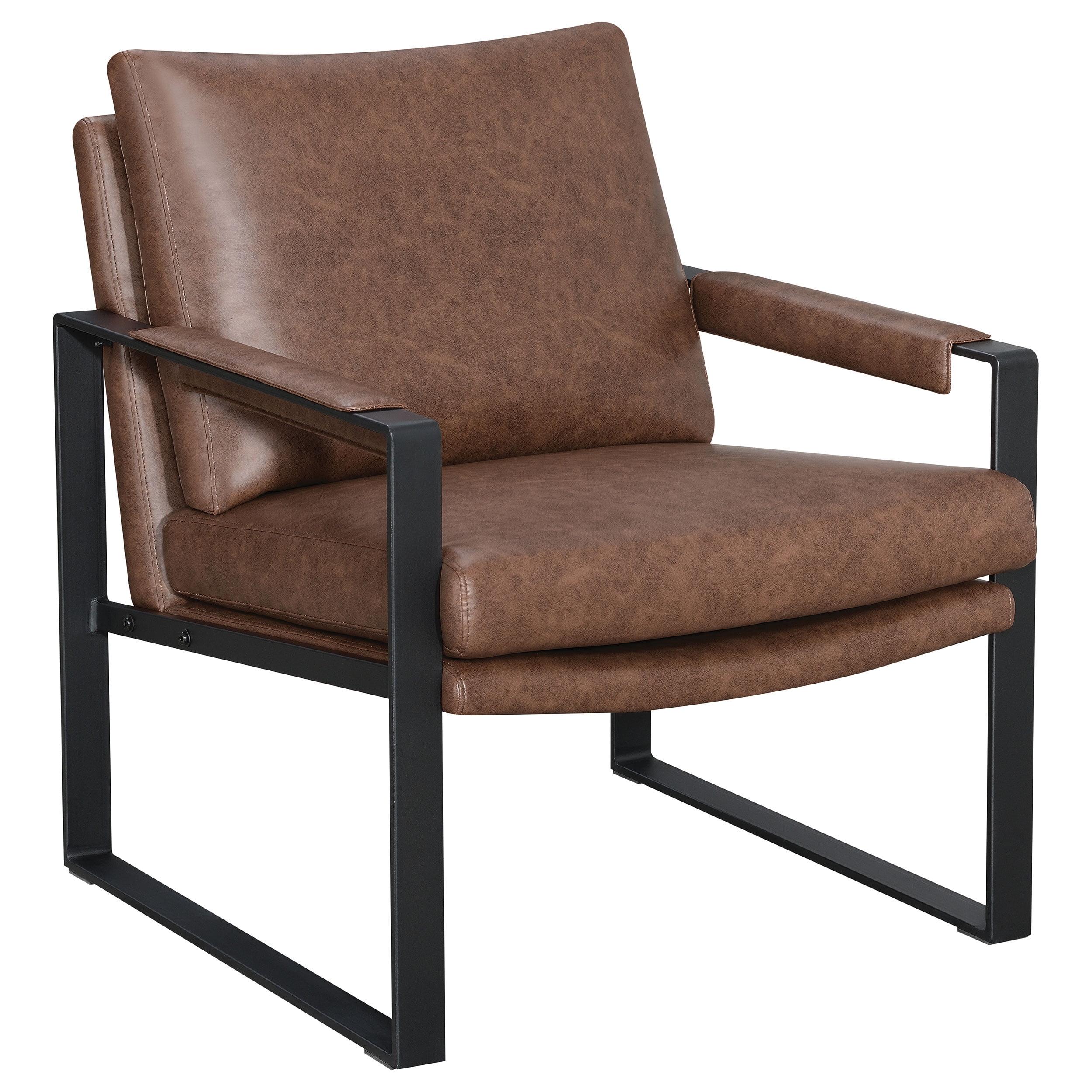 Transitional Umber Brown Faux Leather Accent Chair with Gunmetal Frame