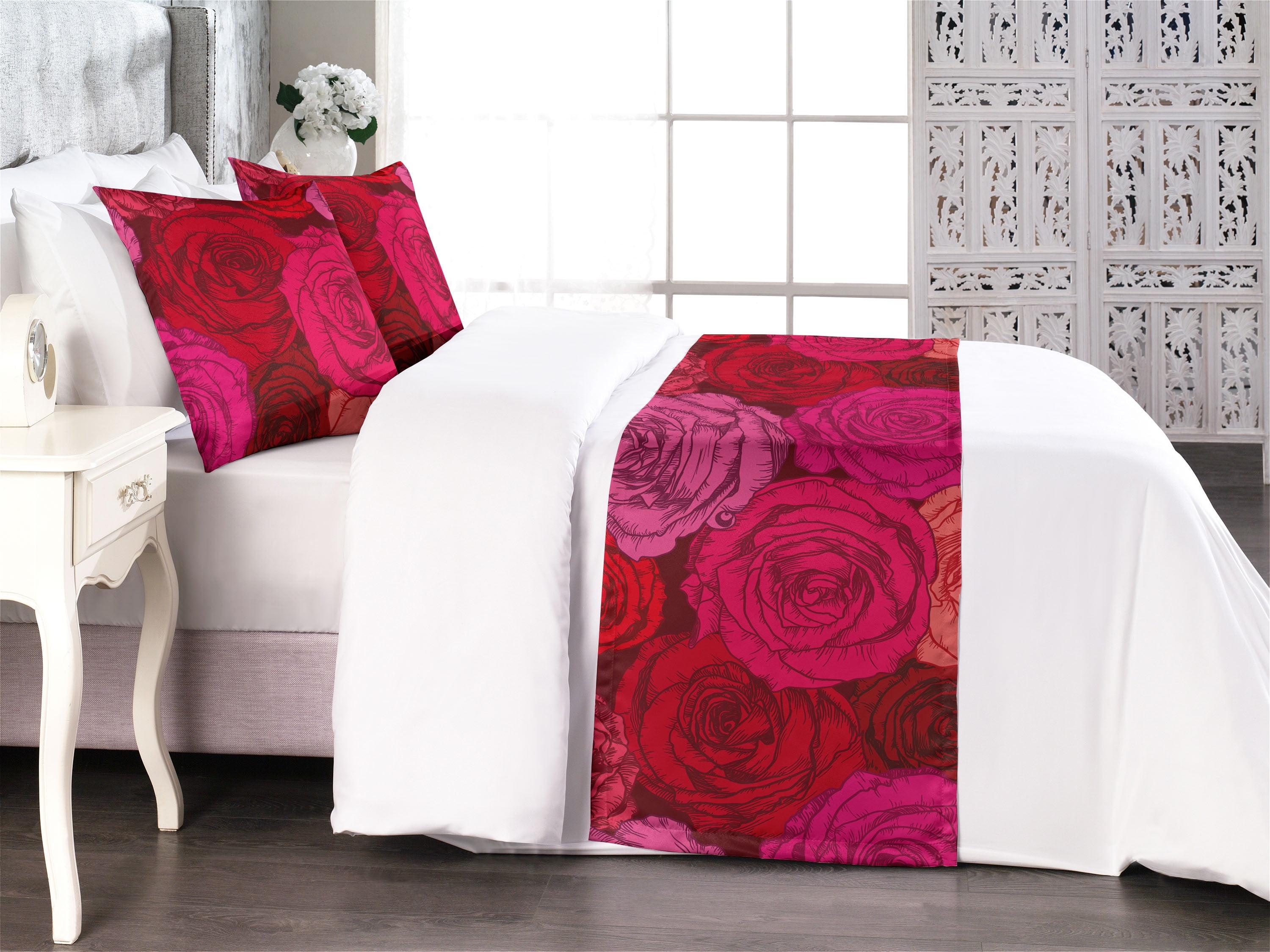 Ambesonne Ambesonne Rose Pattern Bed Runner Set Flowers Spring Boho Hot Pink Coral Maroon