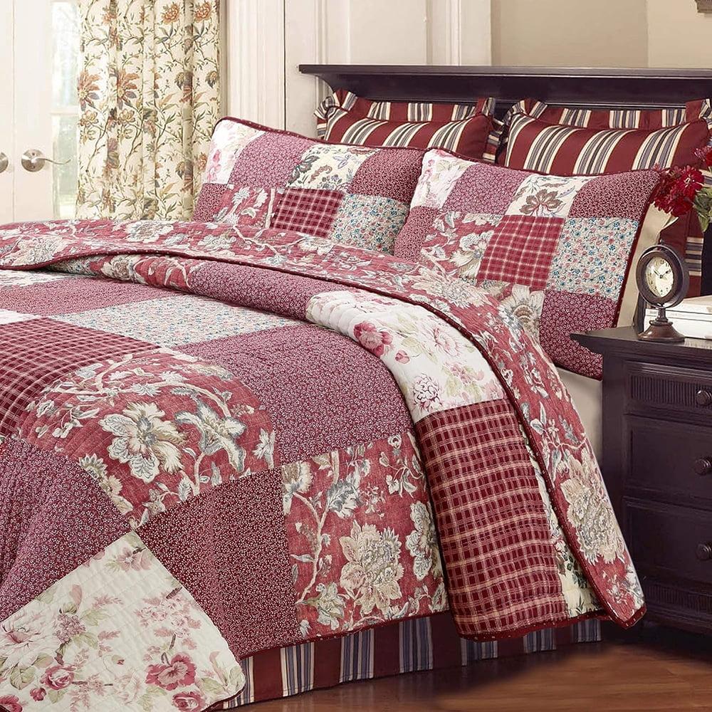 Romantic Red Floral Patchwork Cotton Reversible Queen Quilt Set