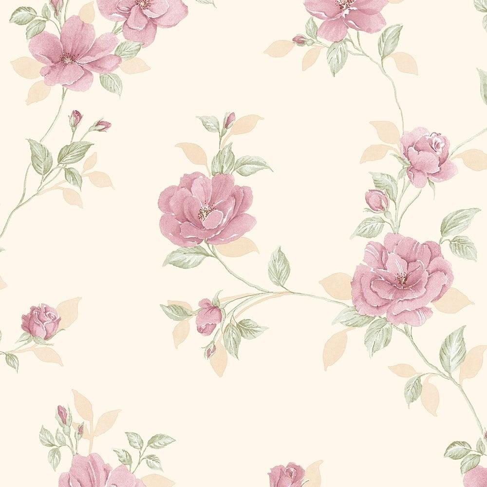 Cream and Pink Floral Trail Pre-pasted Vinyl Wallpaper