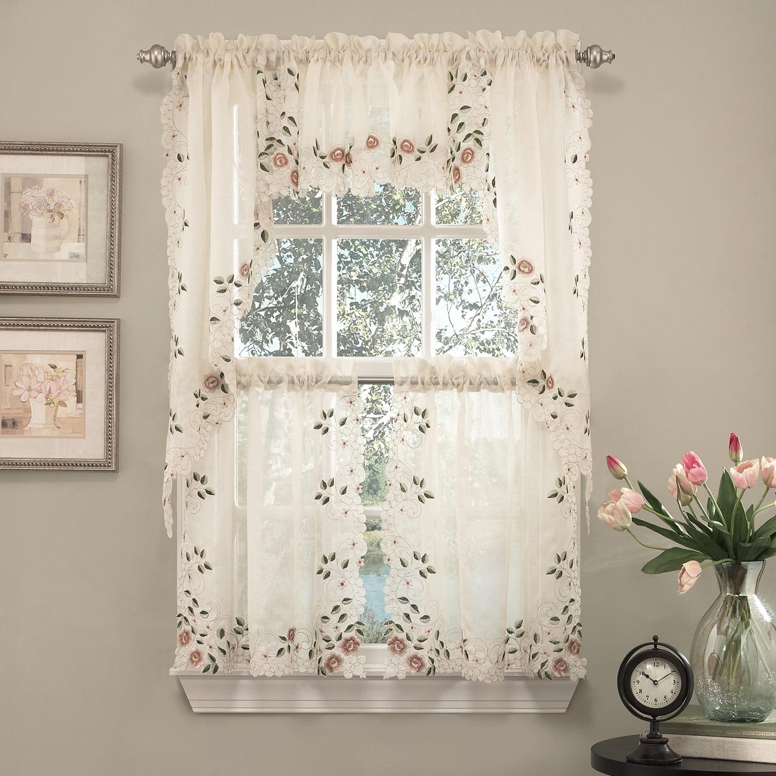 Rosemary Floral Embroidered Semi-Sheer Linen Kitchen Curtain Set