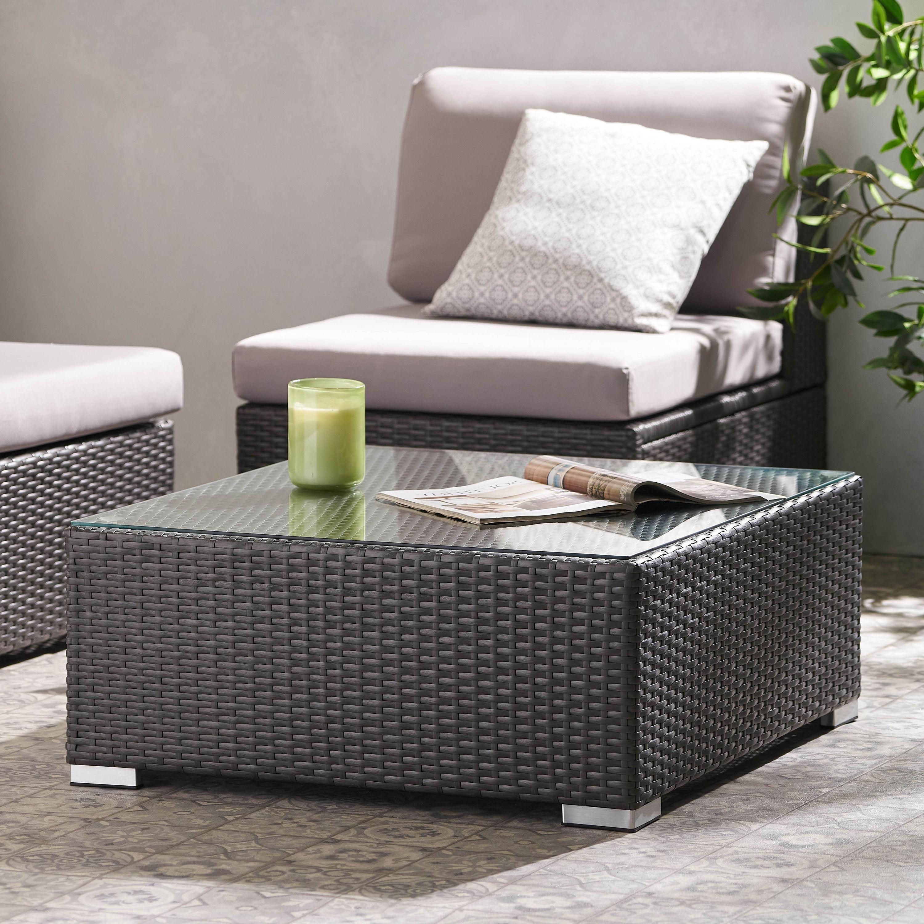 Gray Aluminum Wicker Outdoor Coffee Table with Glass Top