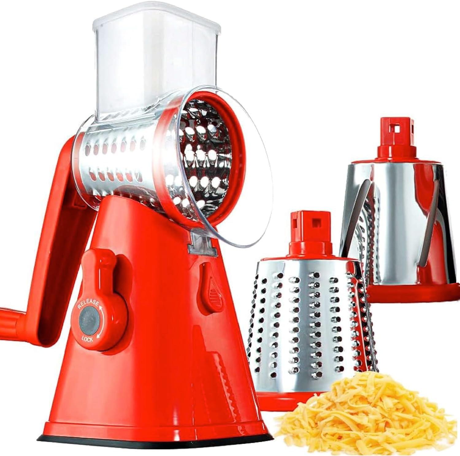 Red Rotary Cheese Grater with Handle and 3 Blades