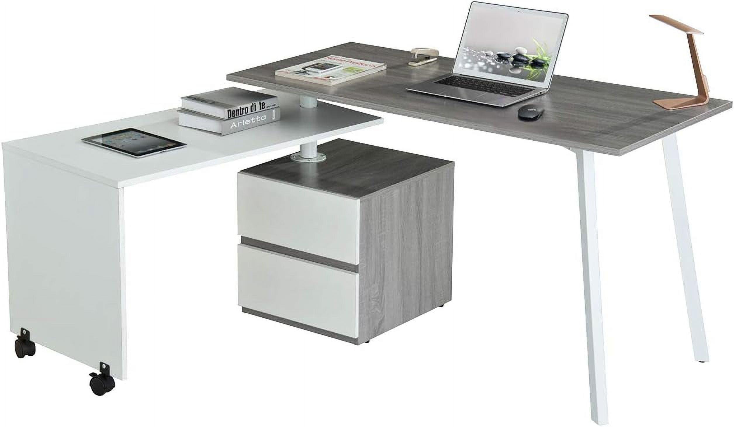 Grey and White Corner Computer Desk with Drawer and Keyboard Tray