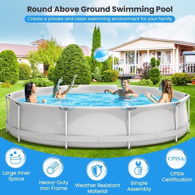 Costway Round Above Ground Swimming Pool Patio Frame Pool W/ Pool Cover Iron Frame