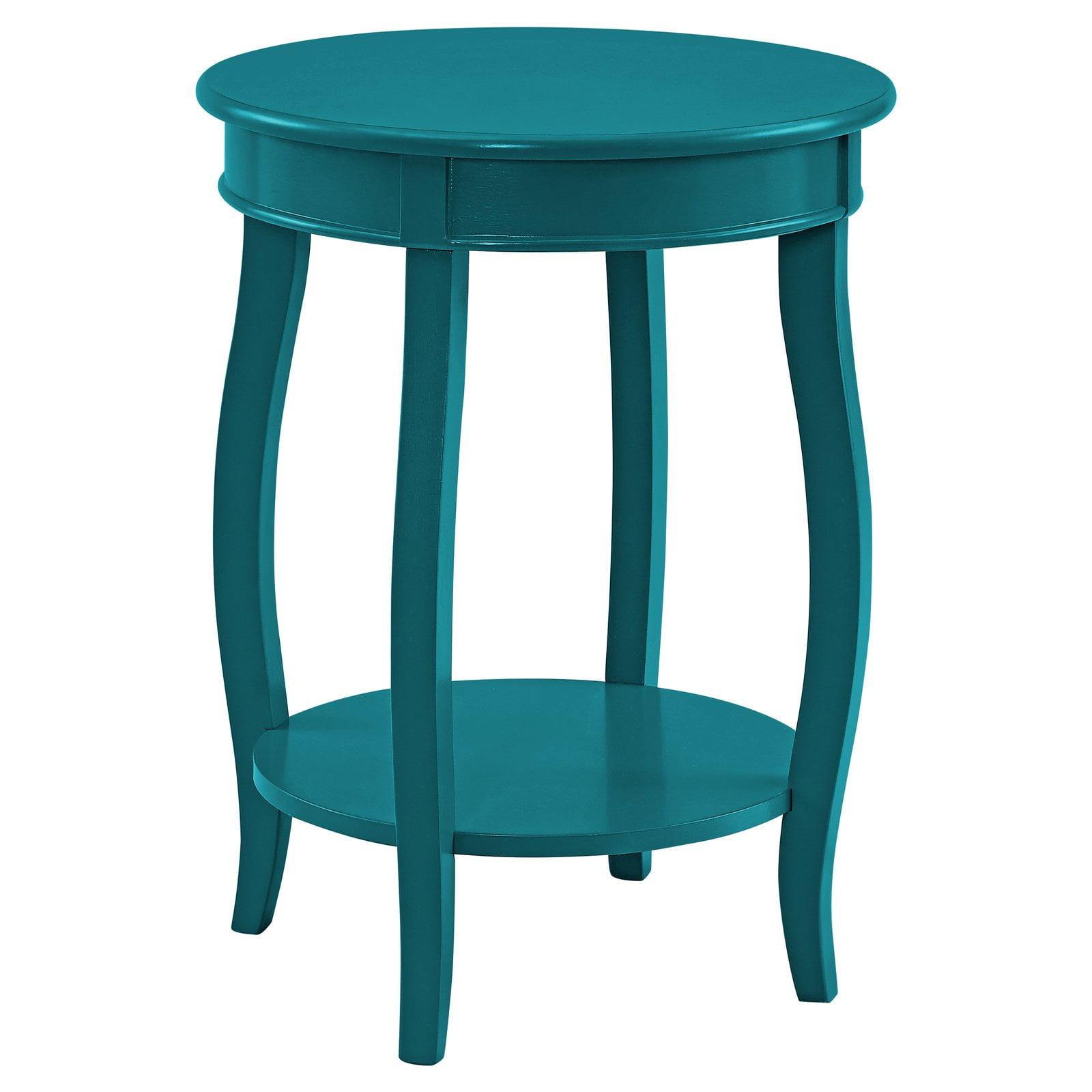 Teal Bohemian Round Wood Accent Table with Shelf