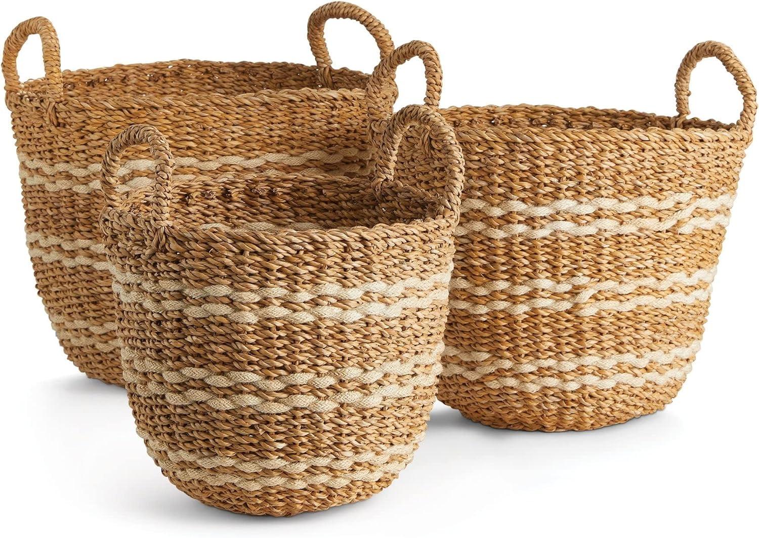 Natural Seagrass and Jute Round Storage Baskets, Set of 3