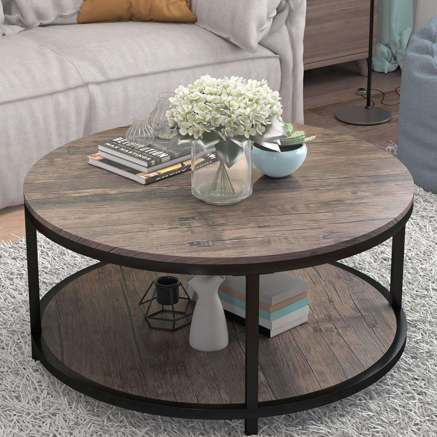 Drevy Round Coffee Table,36" Coffee Table for Living Room,2-Tier Rustic Wood Desktop with Storage Shelf Modern Design Home Furniture(Light Walnut)