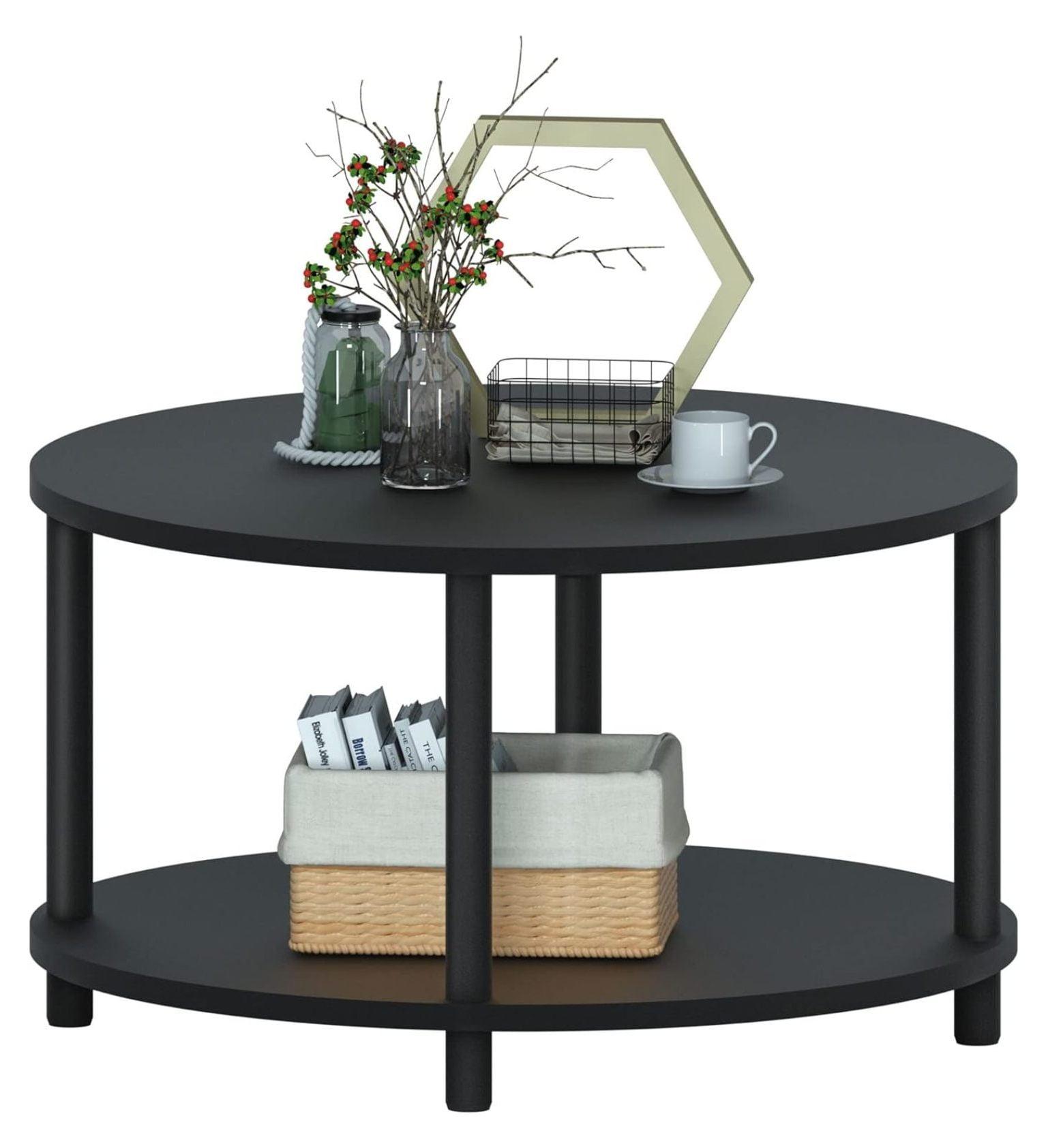 Black Round 31.5'' 2-Tier Wooden Coffee Table with Metal Legs