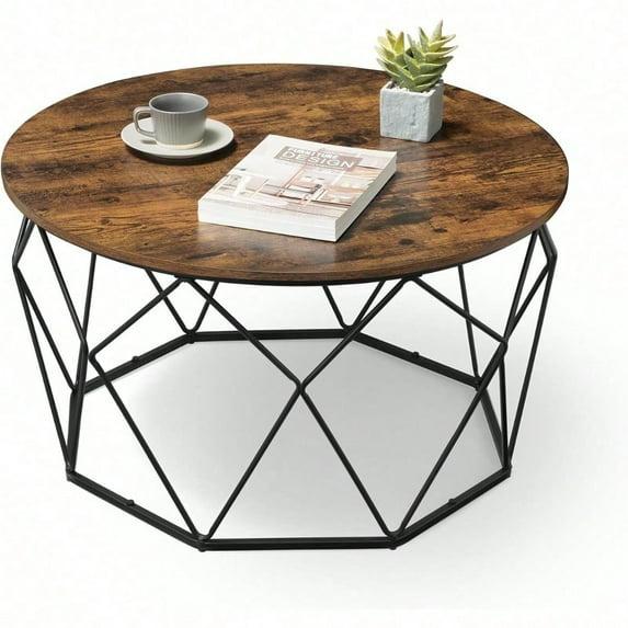 VASAGLE Round Coffee Table for Living Room, Cage Cocktail Table with Steel Frame, 31.5 Inches Dia., Industrial Style, Rustic Brown and Black ULCT040B01