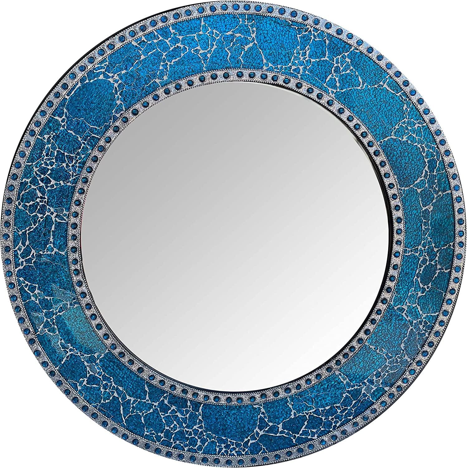 24-Inch Round Blue Crackled Glass Mosaic Wall Mirror