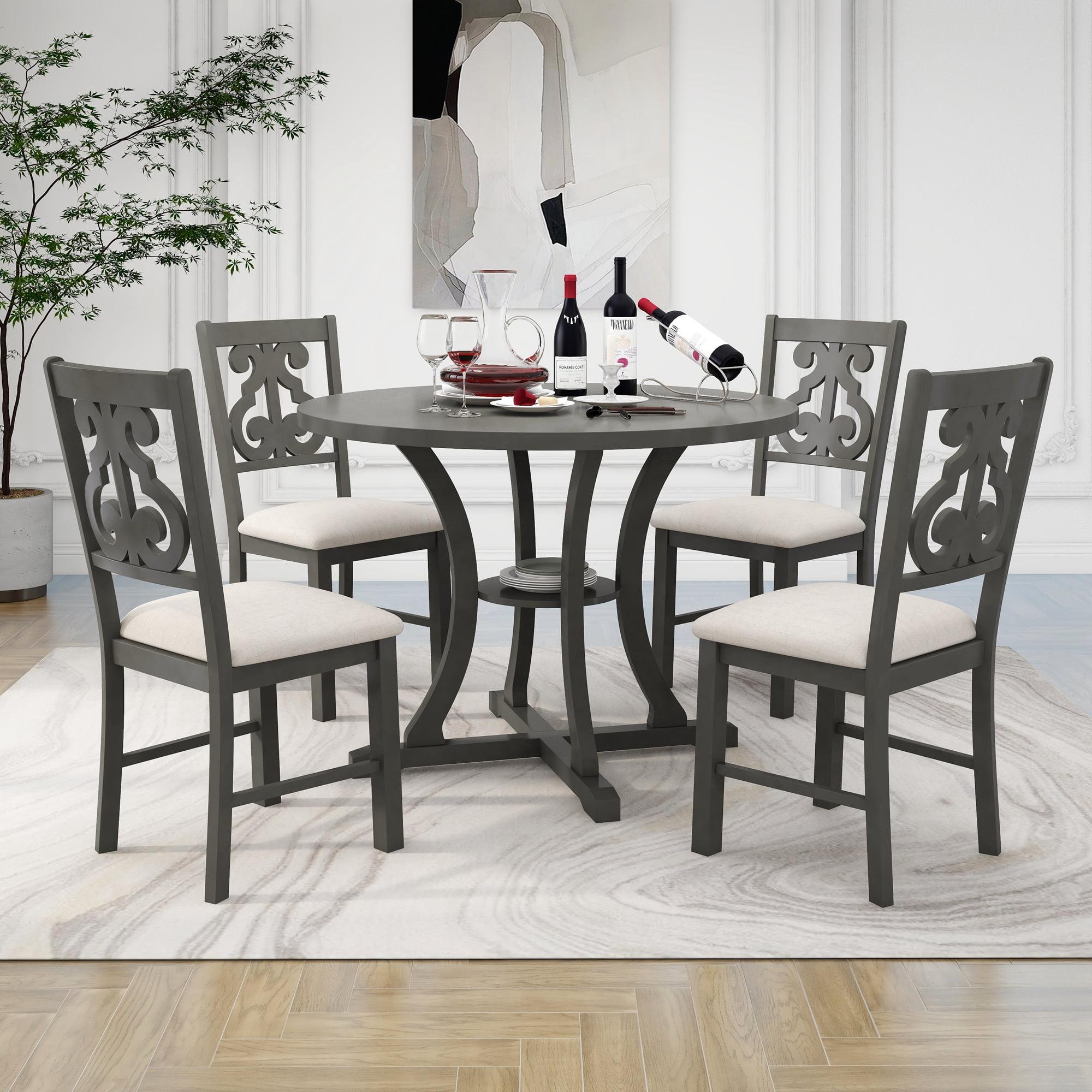 Gray Wood Round Bistro Dining Set with Beige Cushions