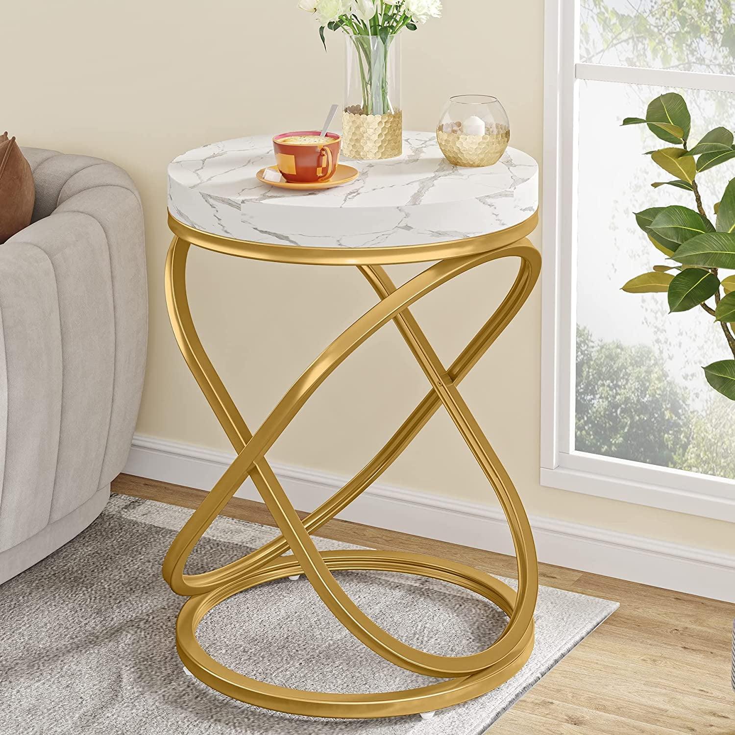 Round End Table, 26 Inches White and Gold Faux Marble Top Nightstands Sofa Side Table with Double X-Shaped Ring Unique Design for Livingroom Bedroom