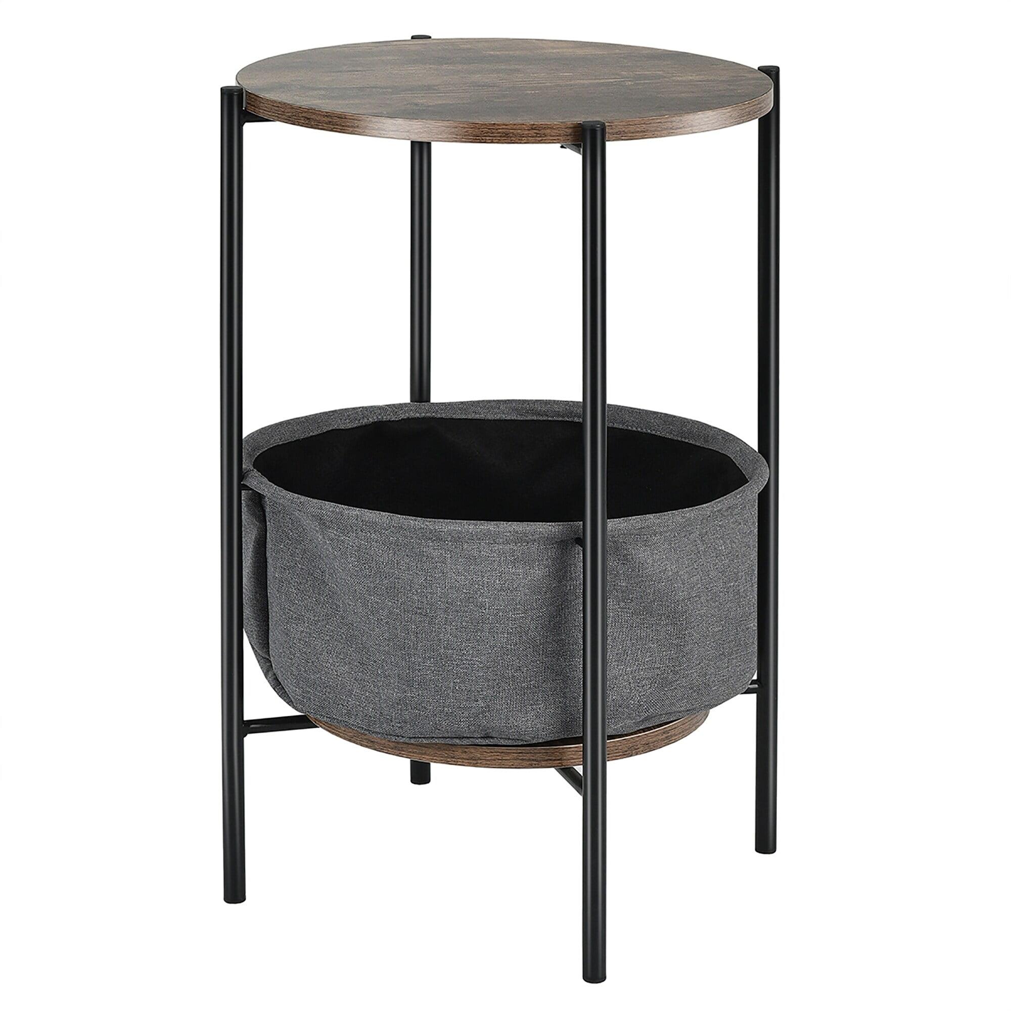 Compact Round Wood and Metal Side Table with Fabric Basket