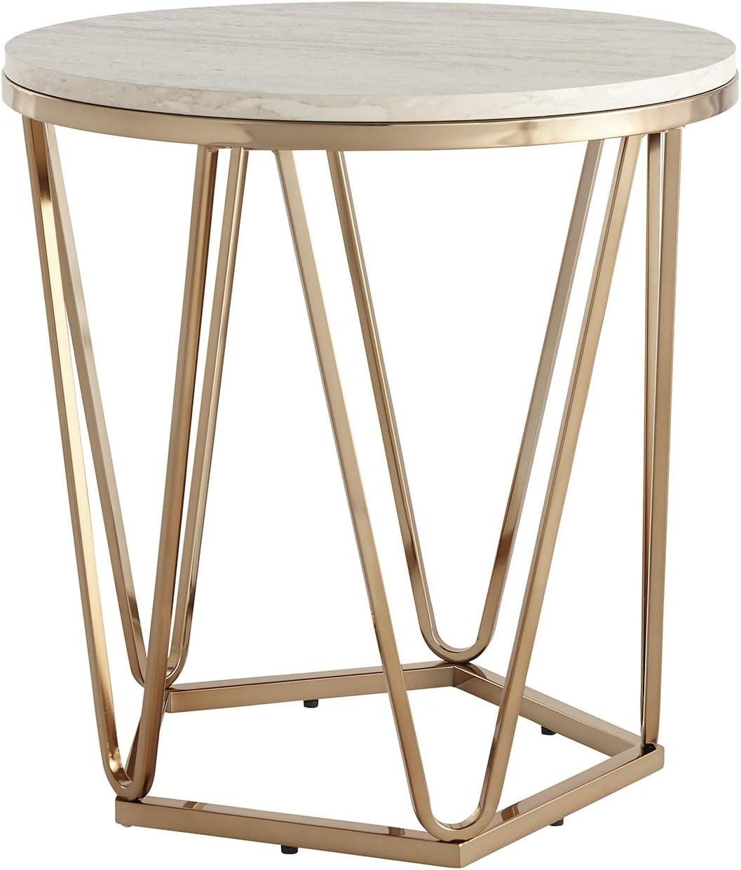 Champagne Round Faux Stone and Metal End Table