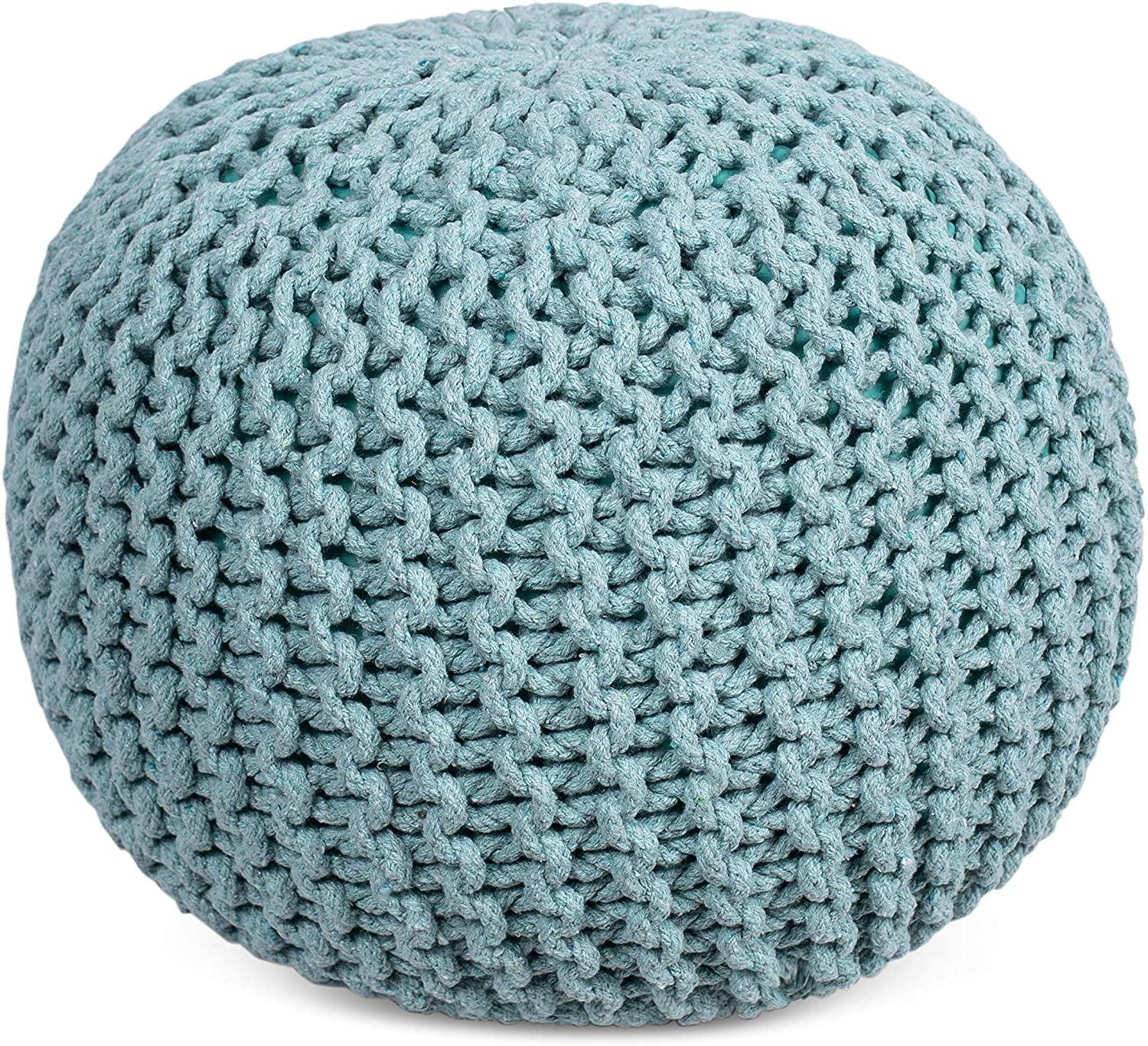 Sage Green Hand-Knitted Cotton Round Pouf Ottoman