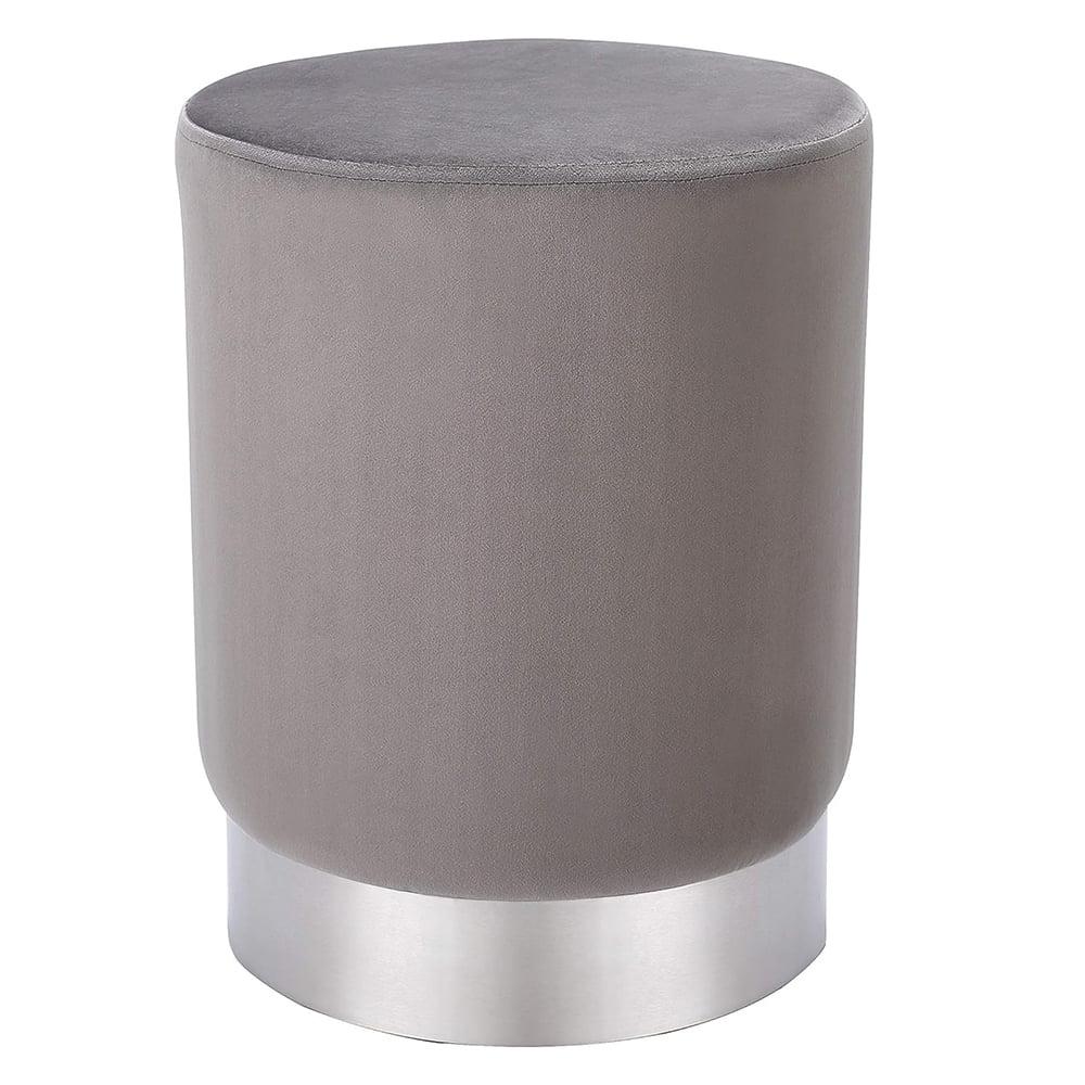 Gray Velvet Round Ottoman Foot Stool with Metal Base