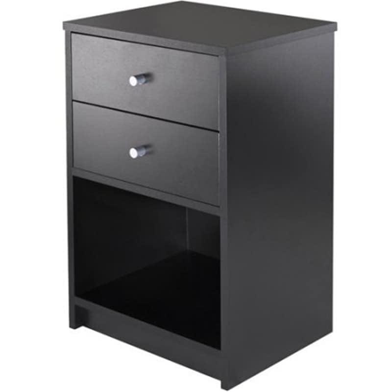 Black 2-Drawer Nightstand with Open Shelf and Metal Accents