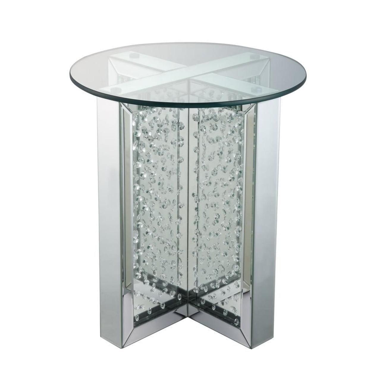 Lux Glam Round Mirrored End Table with Crystal Accents, Silver