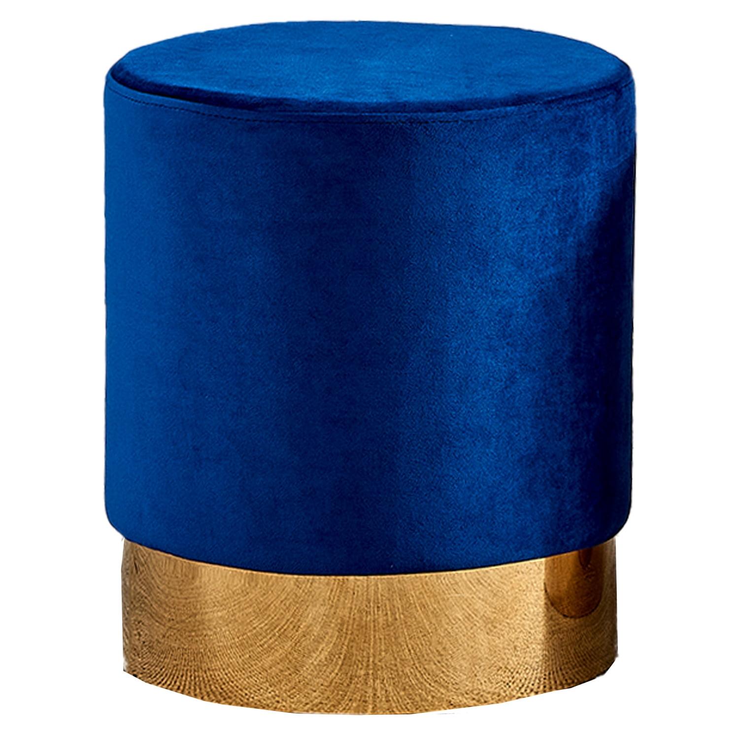 Quirky Round Velvet and Gold Accent Stool in Blue