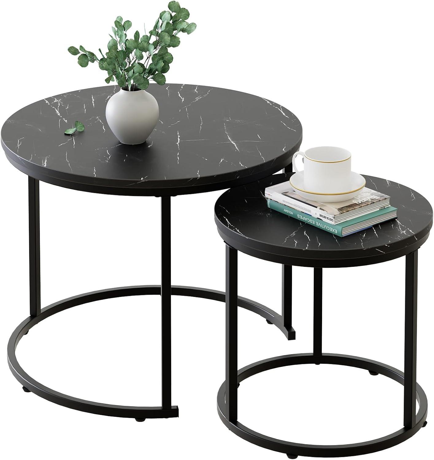 Yesfashion Nesting Coffee Table Set Of 2, 27.6" Round Coffee Table Wood Top With Sturdy Metal Frame, End Table Side Tables For Living Room Bedroom Balcony Yard