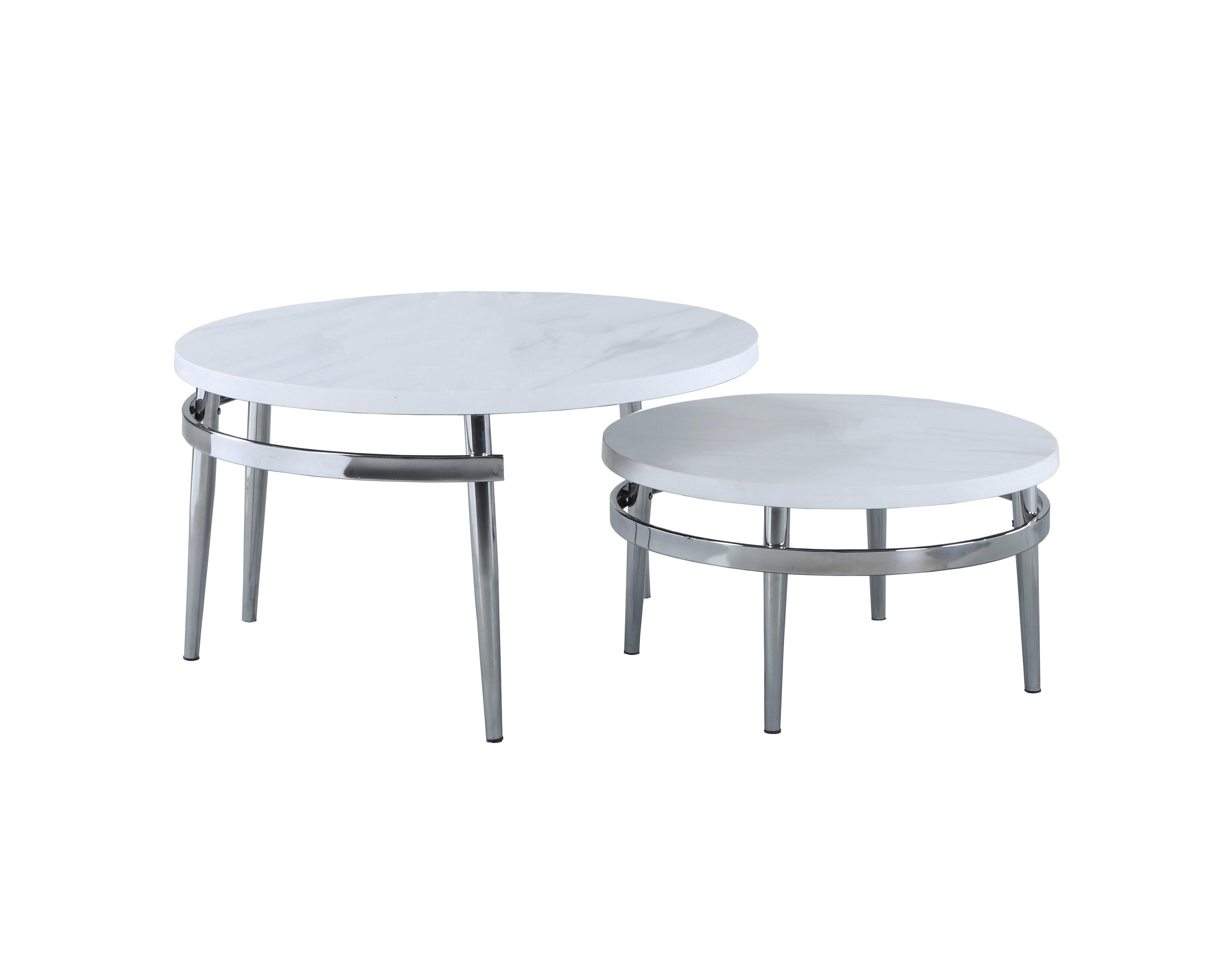 White Marble and Chrome Round Nesting Coffee Table Set