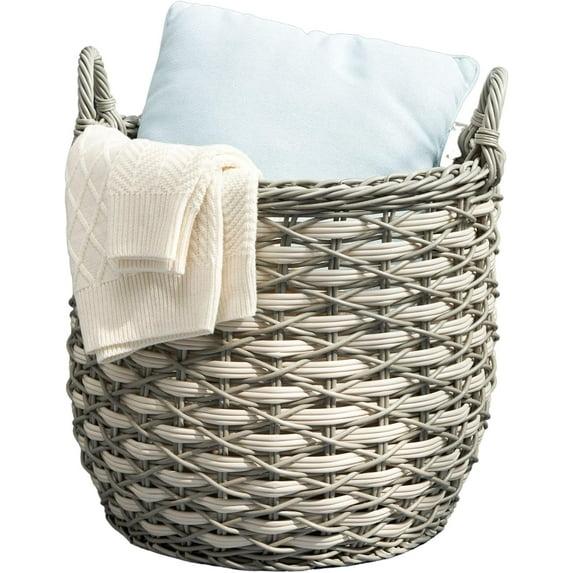Solhome Zita Round Resin Woven Wicker Multi-Use Storage Basket with Handles 18" x 18" x 19.6" White Gray
