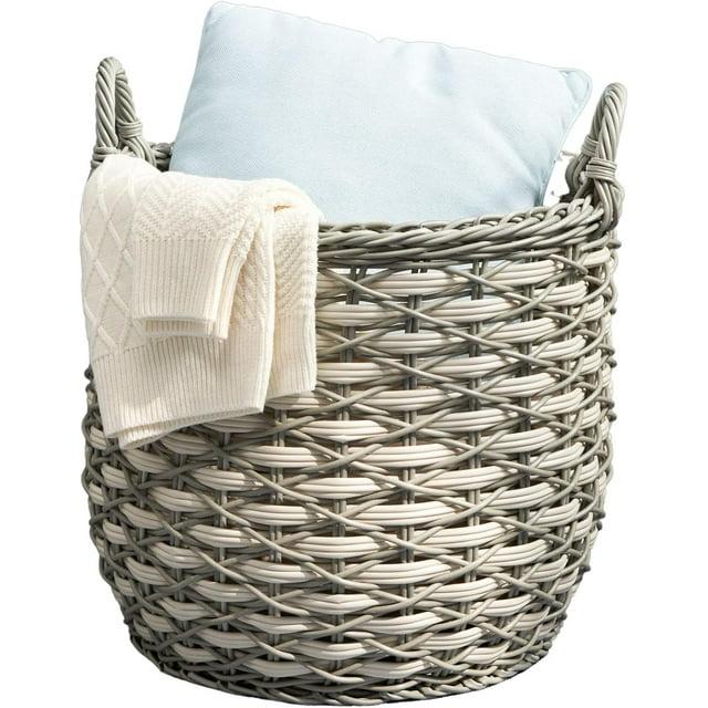 Solhome Zita Round Resin Woven Wicker Multi-Use Storage Basket with Handles 18" x 18" x 19.6" White Gray