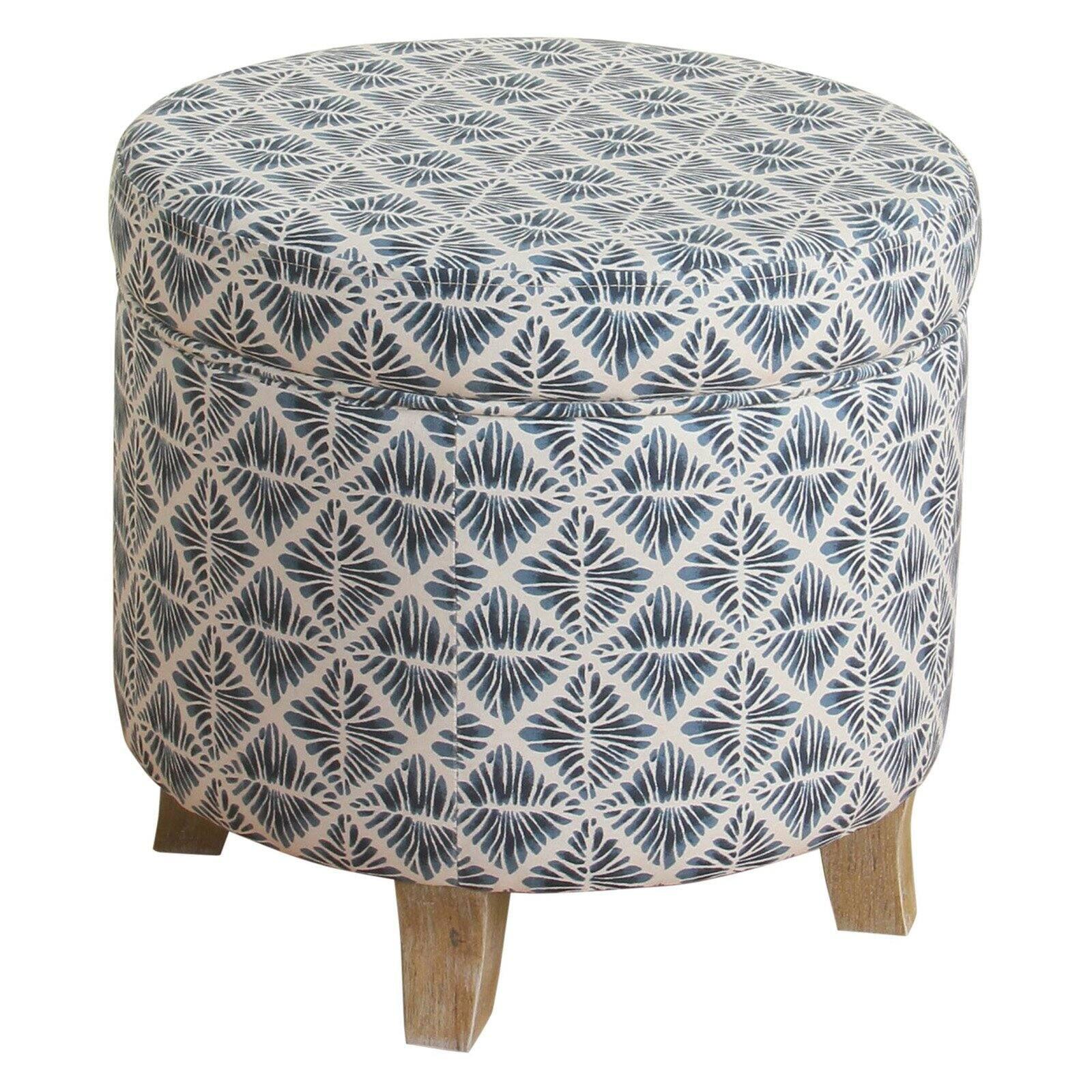 Classic Blue and White Round Storage Ottoman with Wooden Frame