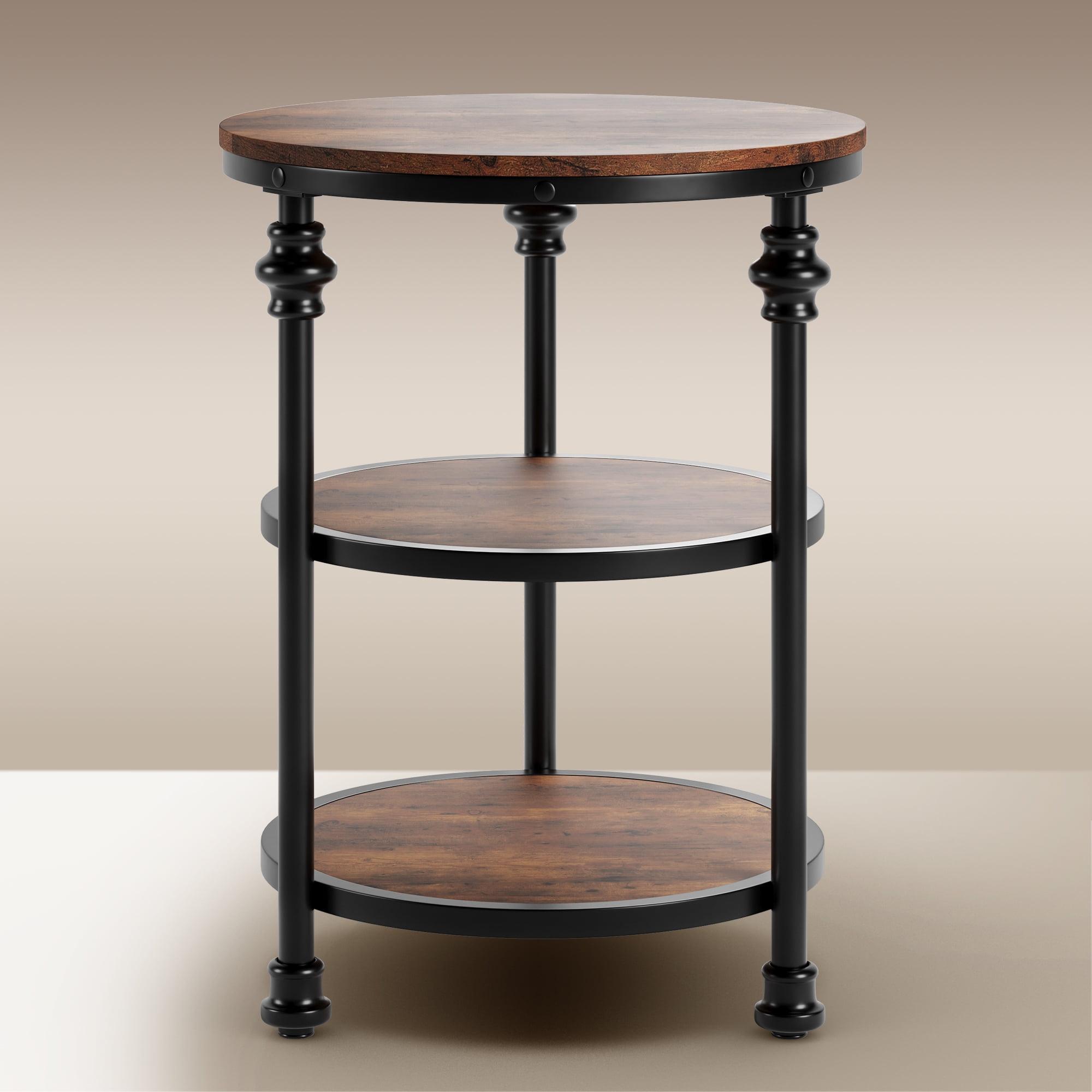 Rustic Brown Round Wood and Metal 3-Tier Side Table