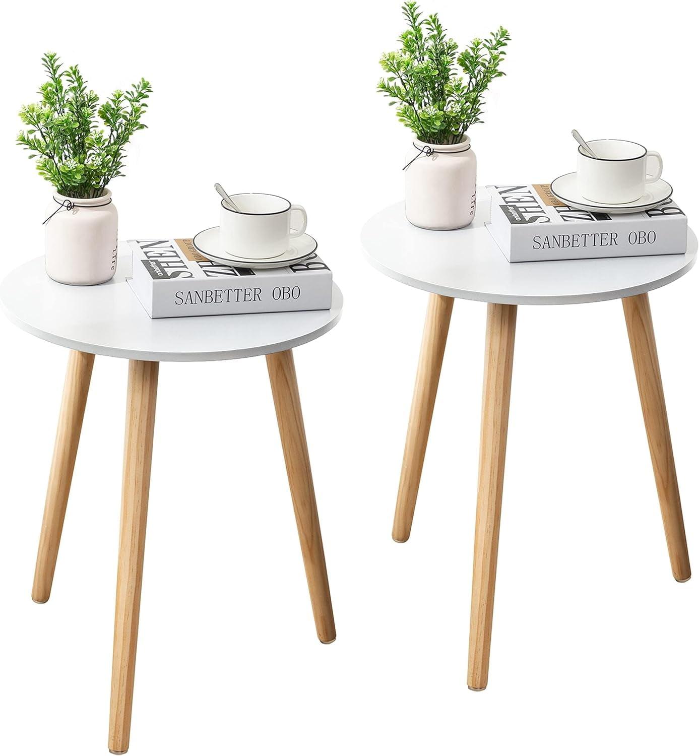 White Round Side Tables with Natural Wood Legs, Set of 2