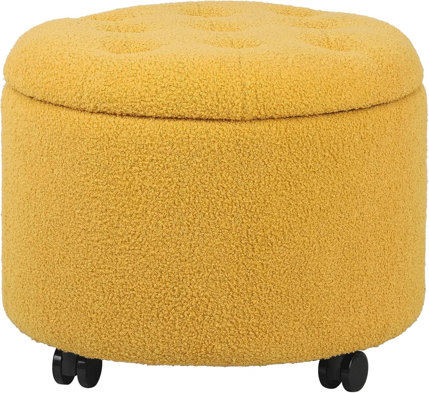 Round Storage Ottoman with Casters, Teddy Velvet Button Tufted Foot Rest Stool for Living Room Bedroom