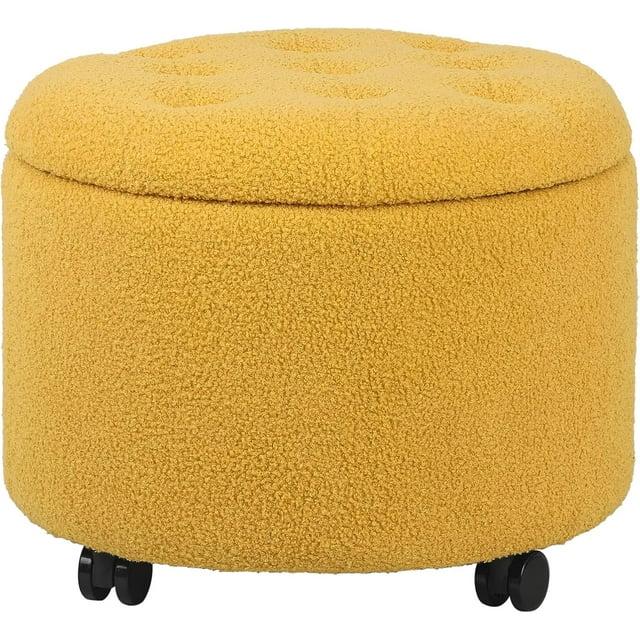 Round Storage Ottoman with Casters, Teddy Velvet Button Tufted Foot Rest Stool for Living Room Bedroom