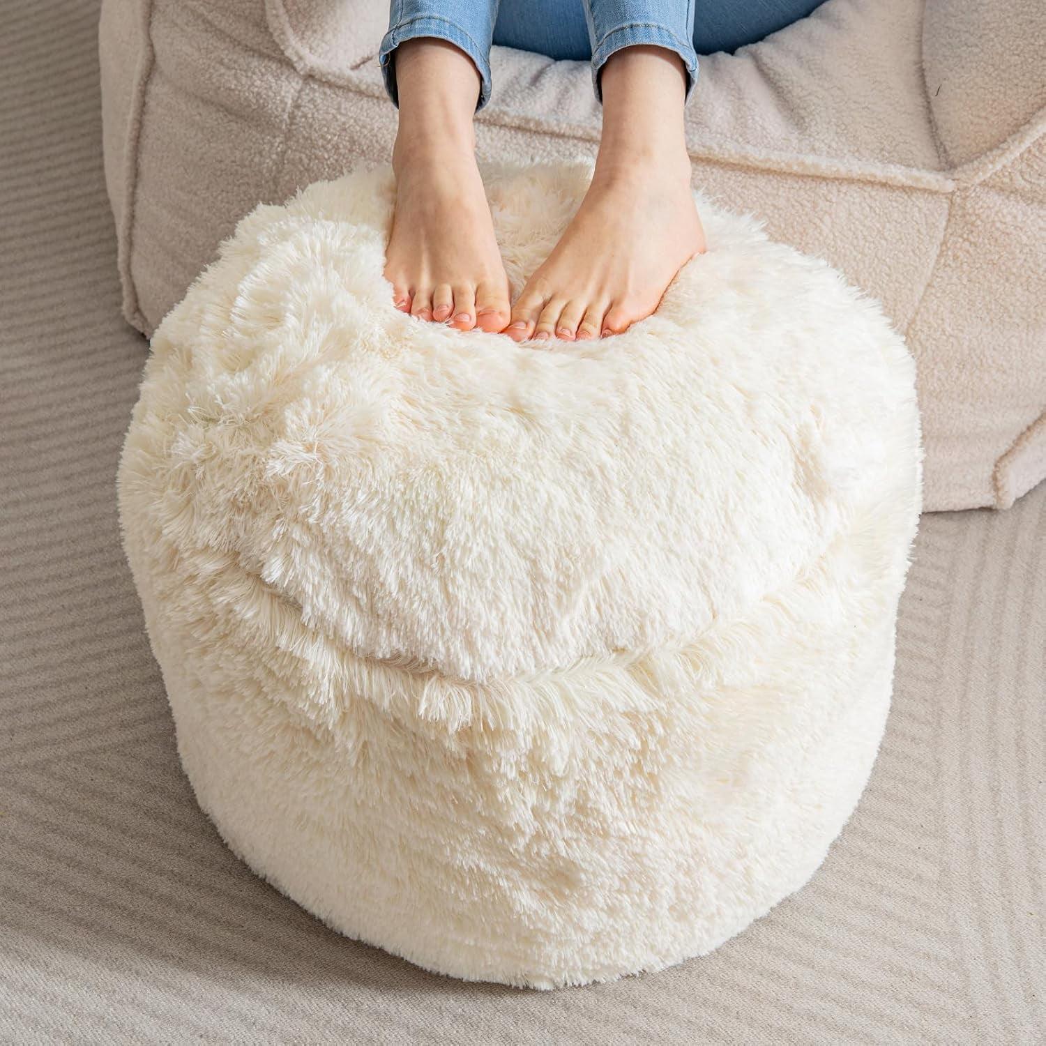 Beige Faux Fur Round Pouf Ottoman with Foam Filling